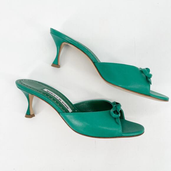 Manolo Blahnik Green Leather Pertinanu Bow Detail Kitten Heel Mules IT 36.5 - Picture 3 of 11